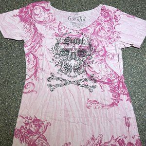 Sinful by Affliction Women’s T-Shirt - Size Large - Pink w/ Skull (WS011)